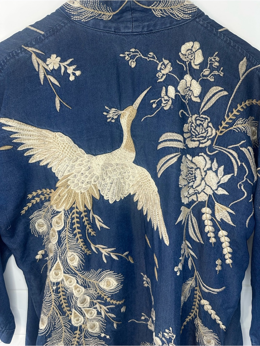 Johnny Was Workshop Embroidered Navy Blue Jean Kimono Crane - Picture 9 of 10